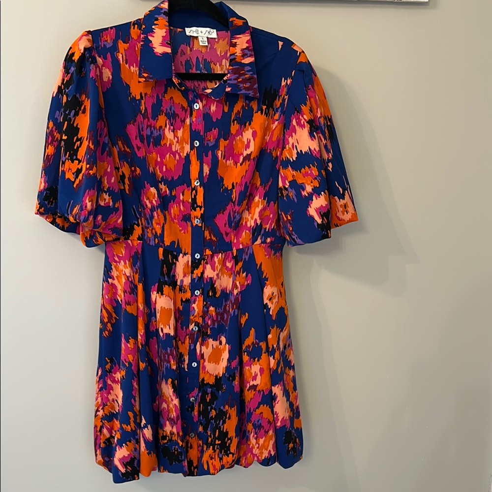 She + Sky Blue and Orange Short Sleeve Button Down Dress